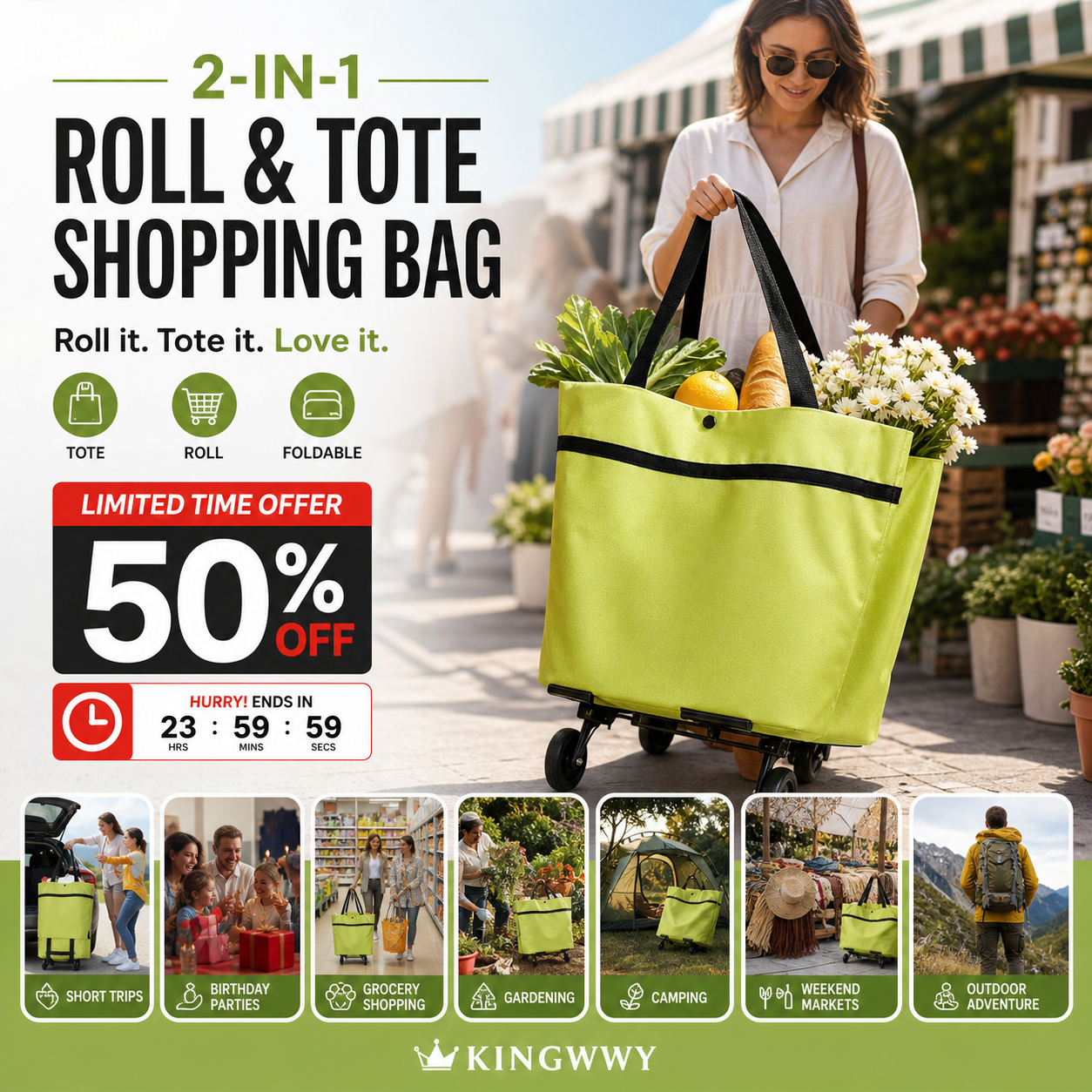 🛒 Foldable Shopping Cart with Wheels | 2-in-1 Rolling Grocery Tote (offer)
