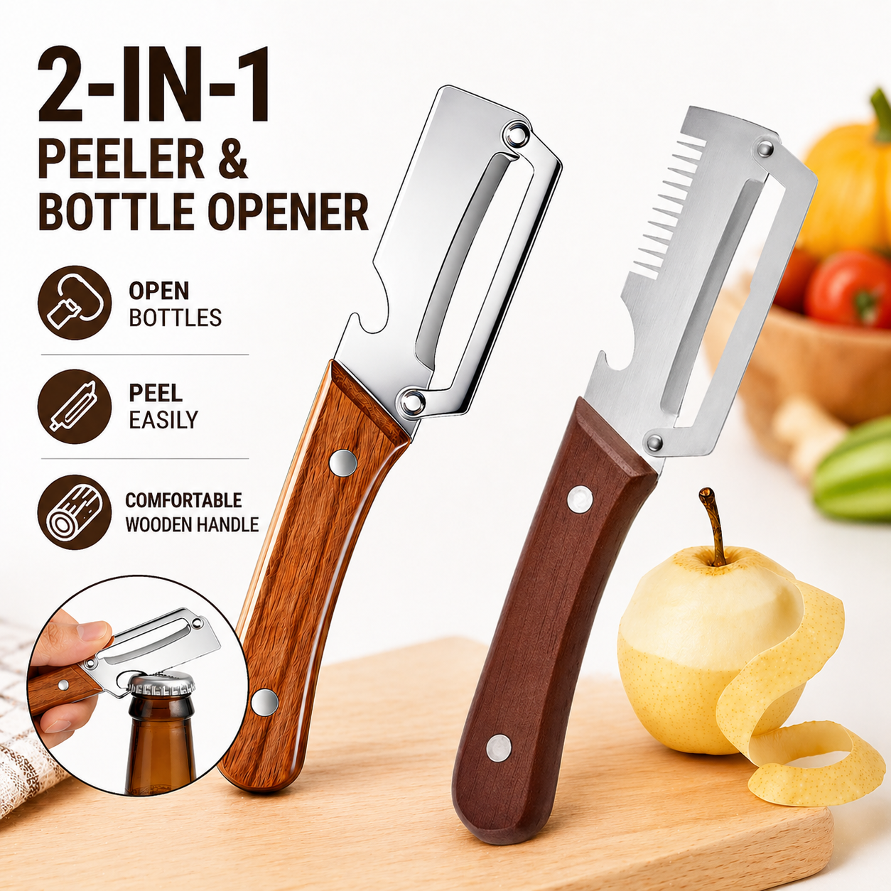 Pikanzo™  Wooden-Handled Stainless Steel Shredder and Peeler